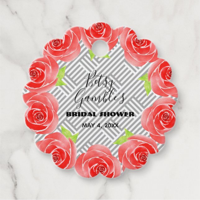 Étiquettes Cadeau Roses Rouges sur une Fête de Derby à Rayures Noire (Devant)