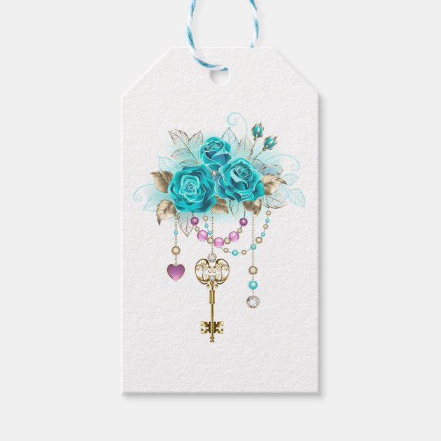 Étiquettes-cadeau Roses turquoise avec touches (Devant)