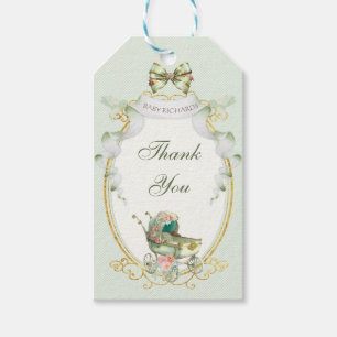 Étiquettes-cadeau Roses Vert Doré Gingham de Carrosse Antique