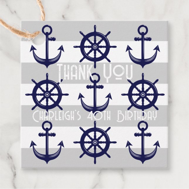 Étiquettes Cadeau Roue de bateau à Ancre personnalisée Nautique rayé (Devant)