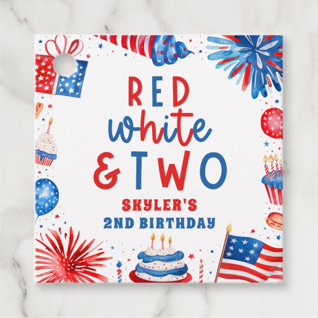 Étiquettes Cadeau Rouge, blanc et deux 4 juillet fête du 2e annivers (Devant)
