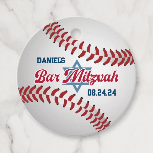 Étiquettes Cadeau Rouge, Blanc, Navy Baseball Bar Mitzvah (Devant)