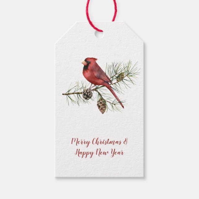 Étiquettes-cadeau Rouge Cardinal Pine Branch Pine Cones Noël (Devant)