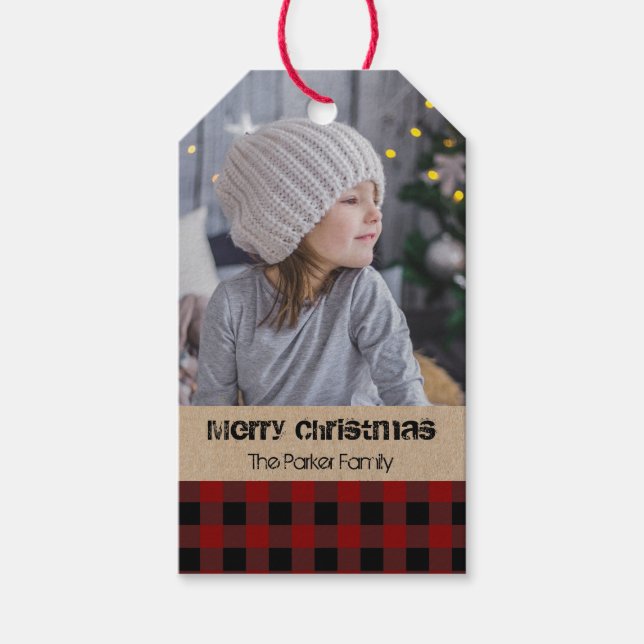 Étiquettes-cadeau Rouge chèque plaid Rustique Photo Noël (Devant)