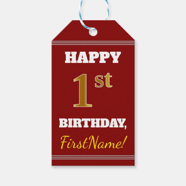 Étiquettes-cadeau Rouge, Faux Gold 1er anniversaire + Nom personnali (Devant)