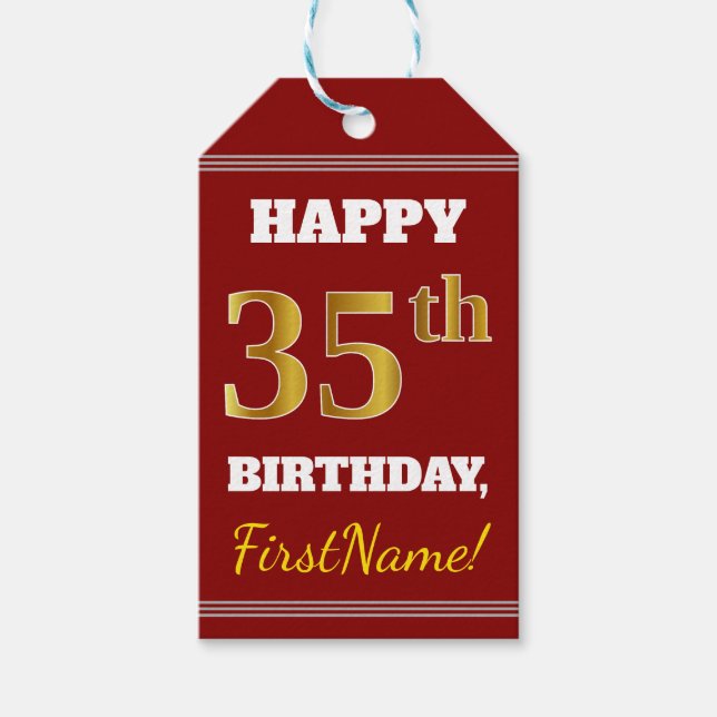 Étiquettes-cadeau Rouge, Faux Gold 35e anniversaire + Nom personnali (Devant)