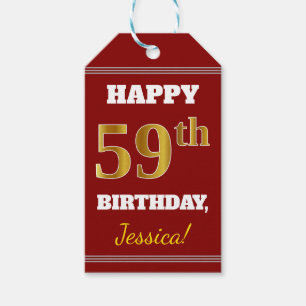 Étiquettes-cadeau Rouge, Faux Gold 59e anniversaire + Nom personnali