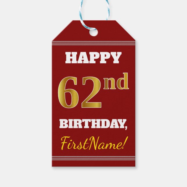 Étiquettes-cadeau Rouge, Faux Gold 62e anniversaire + Nom personnali (Devant)