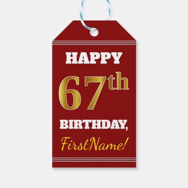 Étiquettes-cadeau Rouge, Faux Gold 67e anniversaire + Nom personnali (Devant)