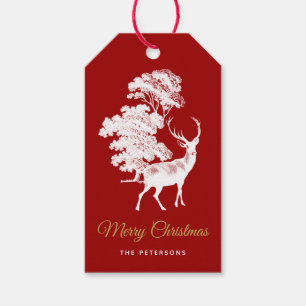 Étiquettes-cadeau Rouge français classique Cerf en toile en forêt