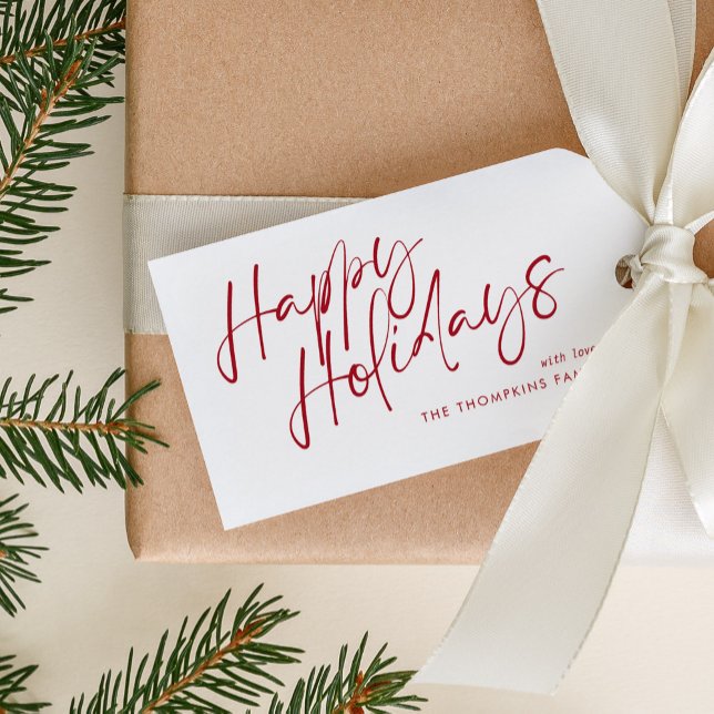 Étiquettes-cadeau Rouge Moderne Simple Script Joyeux vacances (Créateur téléchargé)