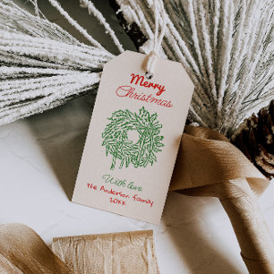 Étiquettes-cadeau Rouge Rétro Noël Couronne de Rubans Verts Dessinés