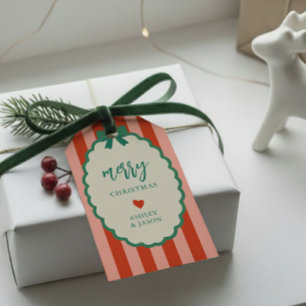 Étiquettes-cadeau Rouge Rétro, Rayures Vertes et Joyeux Noël