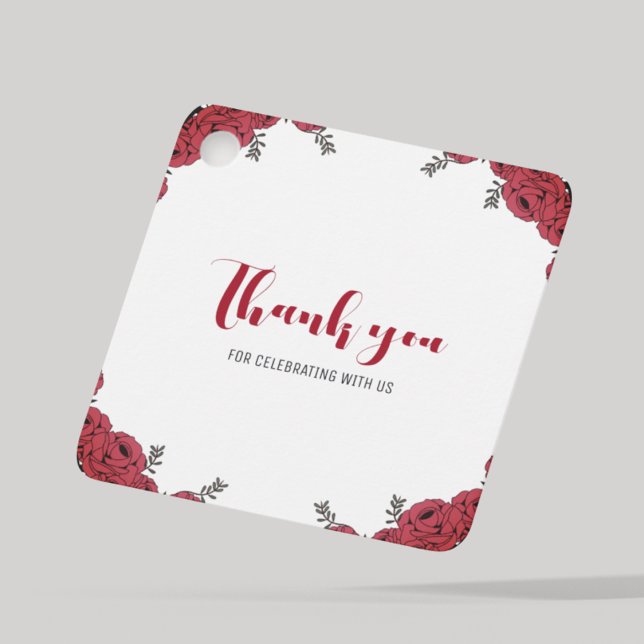 Étiquettes Cadeau Rouge Rose Floral thème Mariage (floral theme thank you square shape tag)