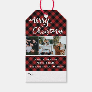 Étiquettes-cadeau Rouge rustique Buffle noir Plaid Photo Noël