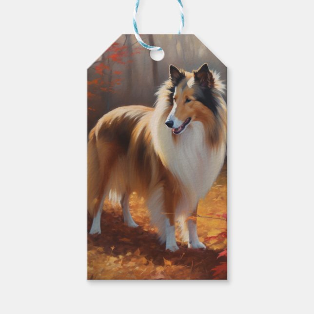 Étiquettes-cadeau Rough Collie dans l'automne Leaves automne Inspire (Devant)