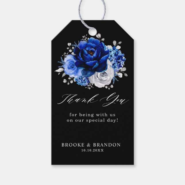 Étiquettes-cadeau Royal Bleu Blanc Argent Métallique Mariage Floral  (Devant)