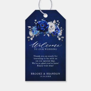 Étiquettes-cadeau Royal Bleu Blanc Argent Métallo Mariage Floral