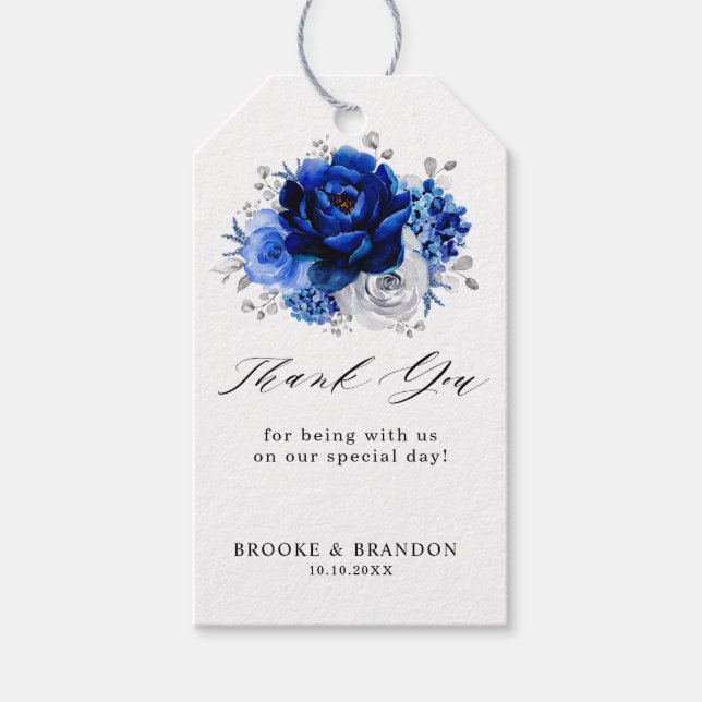Étiquettes-cadeau Royal Bleu Blanc Argent Métallo Mariage Floral (Devant)