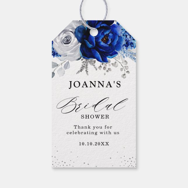 Étiquettes-cadeau Royal Bleu Blanc Métallurier Argent Mariage Floral (Dos)