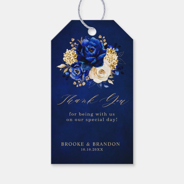 Étiquettes-cadeau Royal Bleu Jaune Or Métallurgique Floral Mariage G (Devant)