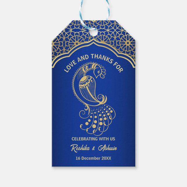 Étiquettes-cadeau Royal bleu or paon Indien Arabe design (Devant)