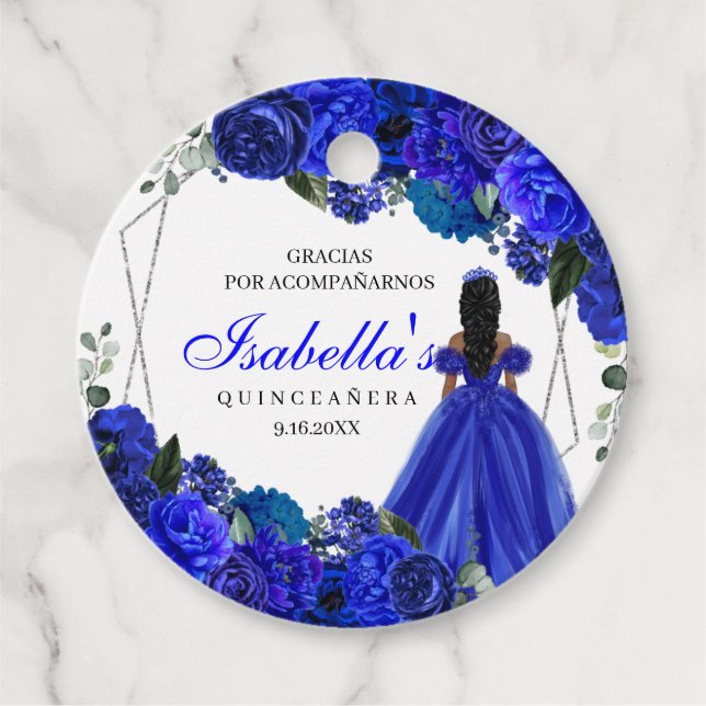 Étiquettes Cadeau Royal Blue and Silver Floral Quinceanera Circle Fa (Devant)