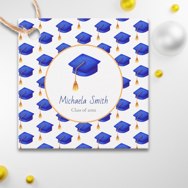 Étiquettes Cadeau Royal Blue Graduation Cap Graduation personnalisée (Créateur téléchargé)