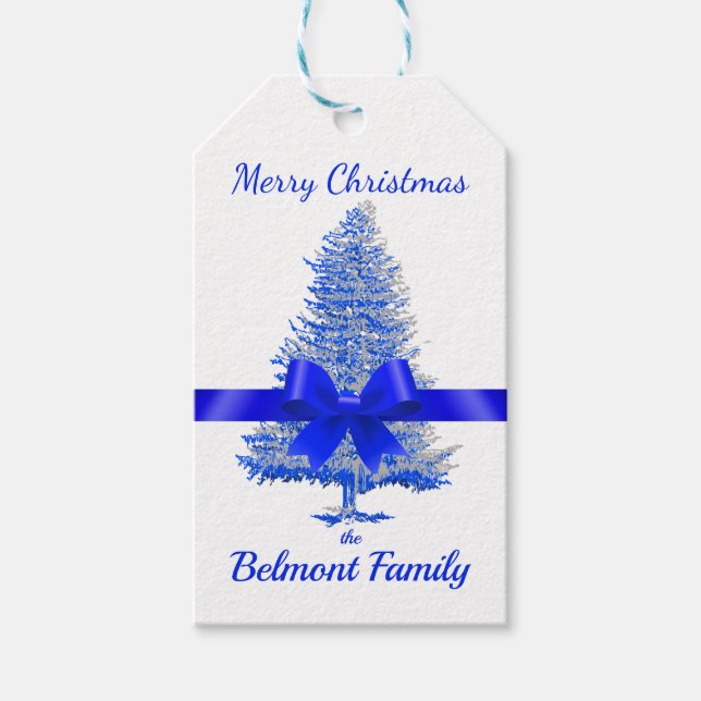 Étiquettes-cadeau Royal Blue Holiday Tree Satin Ribbon Bow élégant (Devant)