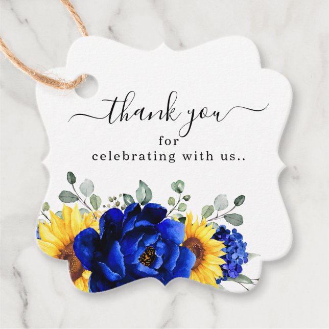 Étiquettes Cadeau Royal Blue Rustic Tournesol Moderne Floral Mariage (Devant)