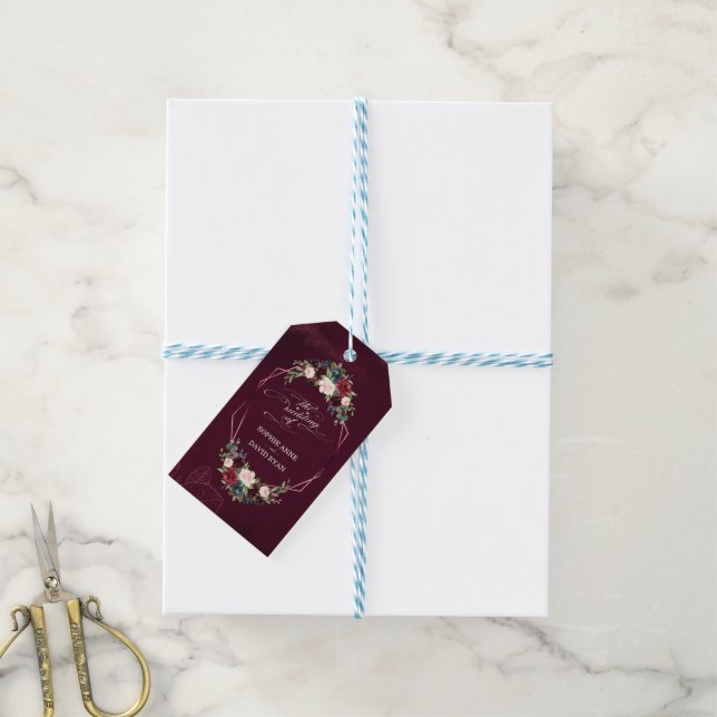 Étiquettes-cadeau Royal Bourgogne Floral Mariage géométrique (Avec de laficelle)