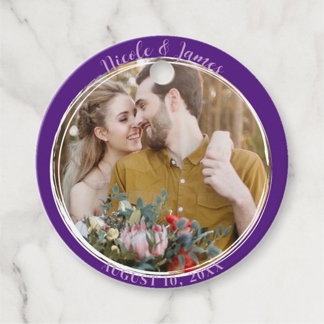 Étiquettes Cadeau Royal Purple Minimal Round Photo Mariage (Devant)
