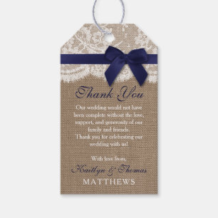 Étiquettes-cadeau Ruban de la marine sur Burlap et Mariage de dentel