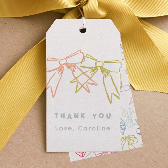 Étiquettes-cadeau Rubans et vaches Merci couleur aquarelle (Ribbons and Bows watercolor Thank You favor tag.)