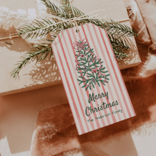 Étiquettes-cadeau Rubans Retro Vert Rouge Main Tirée Arbre Noël