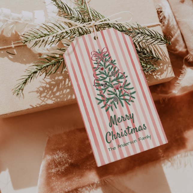 Étiquettes-cadeau Rubans Retro Vert Rouge Main Tirée Arbre Noël (Créateur téléchargé)