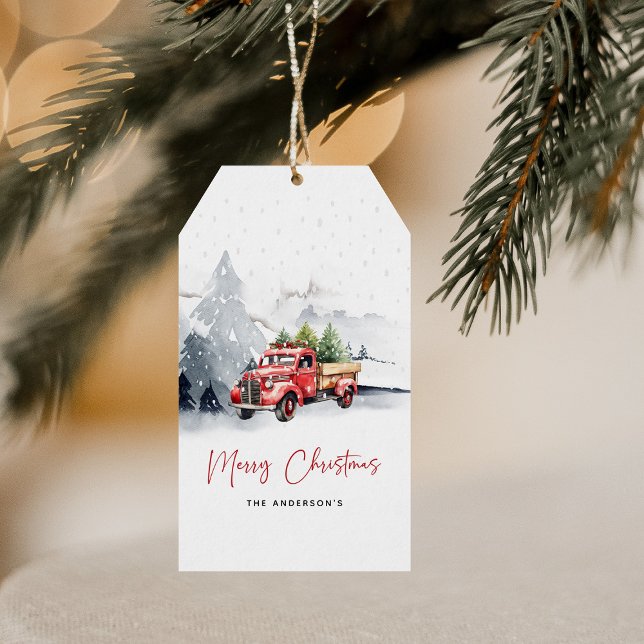 Étiquettes-cadeau Russe aquarelle Camion rouge hiver Noël (Créateur téléchargé)