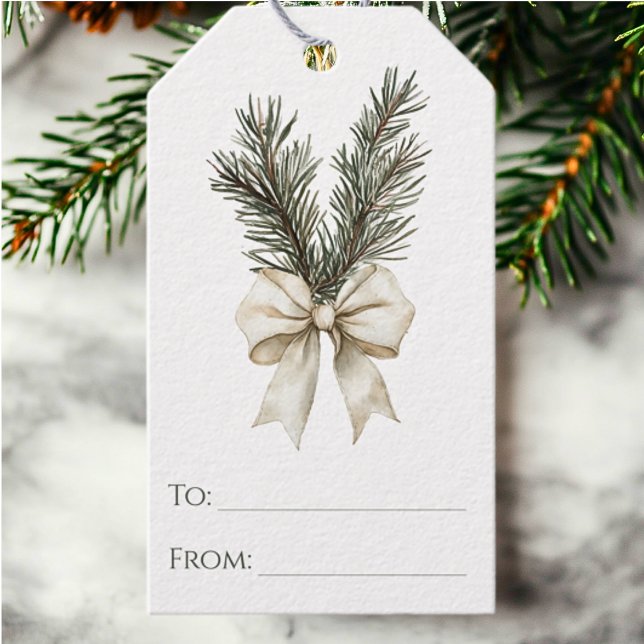 Étiquettes-cadeau Russe Bois Pine Branch et Bow Chic Christmas (Créateur téléchargé)