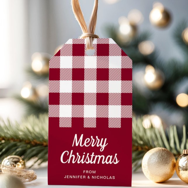 Étiquettes-cadeau Russe Bourgogne Joyeux Noël (Rustic Burgundy Plaid Merry Christmas Gift Tags)
