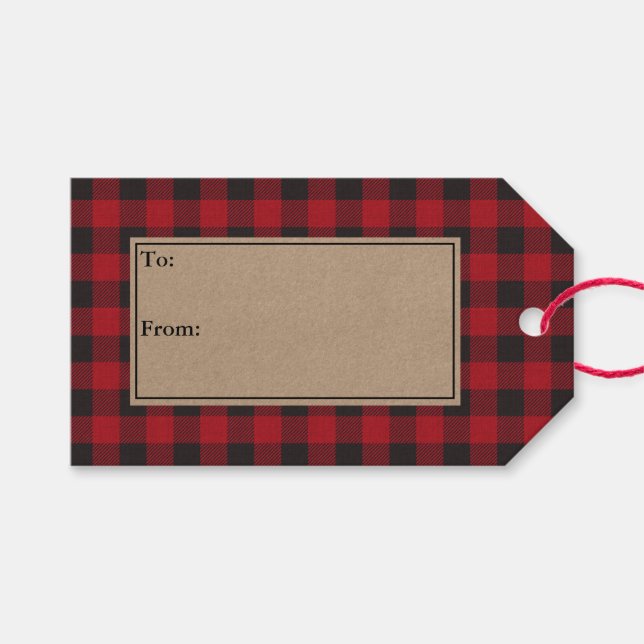 Étiquettes-cadeau Russe Holiday Red Buffalo Plaid Kraft (Devant (Horizontal))