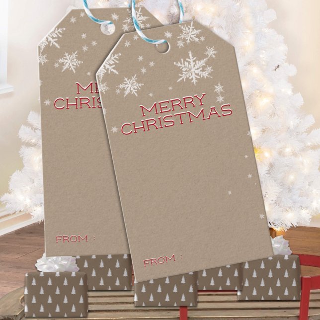 Étiquettes-cadeau Russe Kraft Snowy Red Joyeux Noël Écriture (Rustic Kraft Snowy Red Merry Christmas Writing Holiday Gift Wrapping Name Tag
)