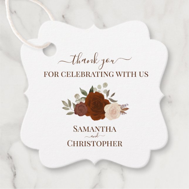 Étiquettes Cadeau Rust Orange Automne Roses Élégant Merci de mariage (Devant)