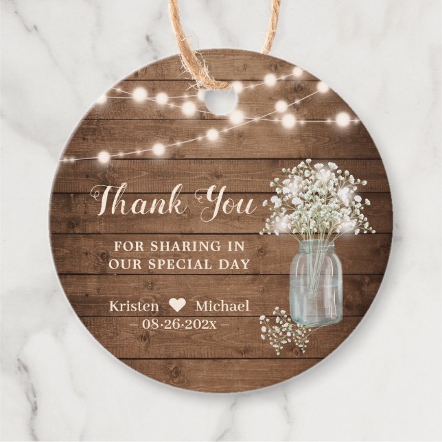 Étiquettes Cadeau Rustic Baby's Breath String éclaire le Merci (Devant)