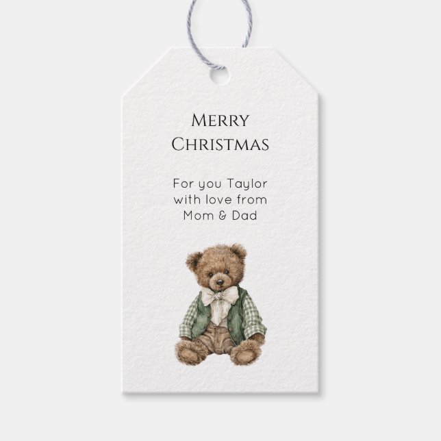 Étiquettes-cadeau Rustic Brown Teddy Bear Green Plaid Christmas  (Devant)