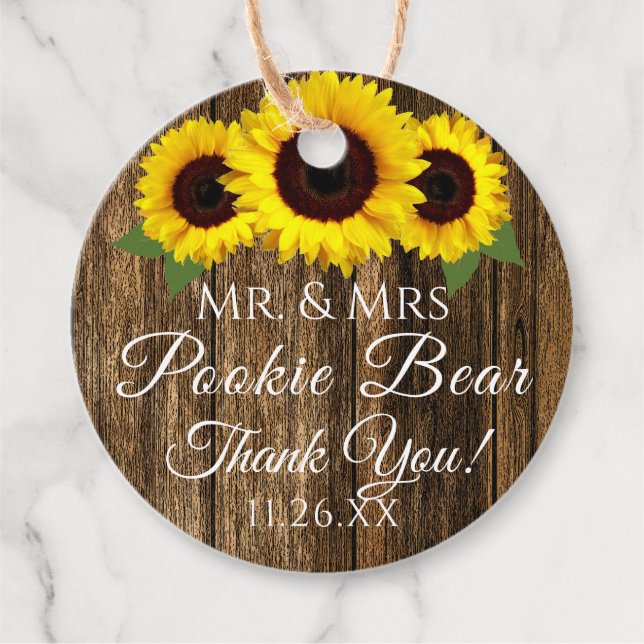 Étiquettes Cadeau Rustic Country Bois et tournesols Mariage invité (Devant)