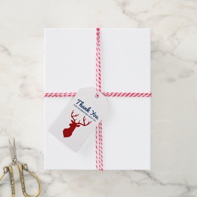 Étiquettes-cadeau Rustic Country Mountains Cerf Rouge Bleu Mariage (Avec de la ficelle)