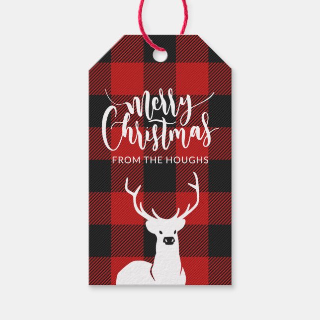 Étiquettes-cadeau Rustic Deer Buffalo Plaid Script Joyeux Noël (Devant)