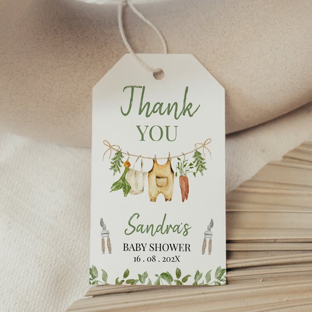 Étiquettes-cadeau Rustic Green Locally Grown Baby Shower (Locally Grown baby Shower Gift Tag, Locally Grown Farmers Market Baby Shower Gift Tag, Clothesline)