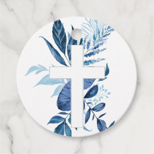 Étiquettes Cadeau Rustic Navy Blue Green Cross Boy Baptism