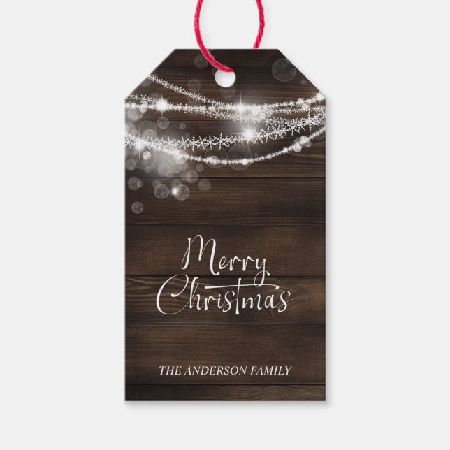 Étiquettes-cadeau Rustic String Lights Wood Christmas (Devant)
